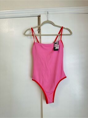 Able Pink Textured One-Piece with Red Straps